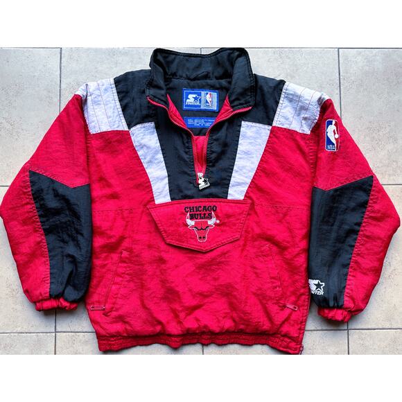 Chicago Bulls 90s STARTER puffer 1/2 Pullover jacket yth M red black NBA vintage - Picture 1 of 7